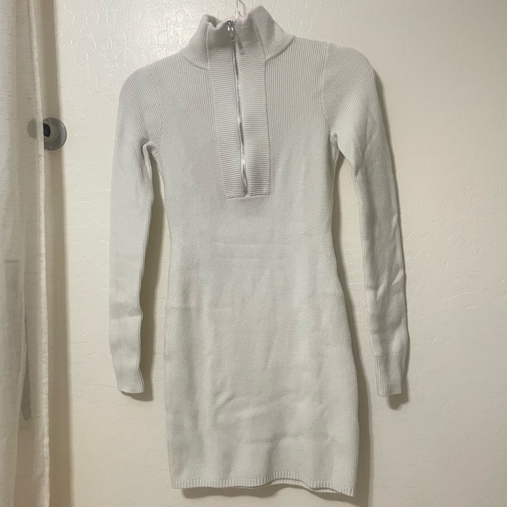 off-white zipped mock neck ribbed sweater dress